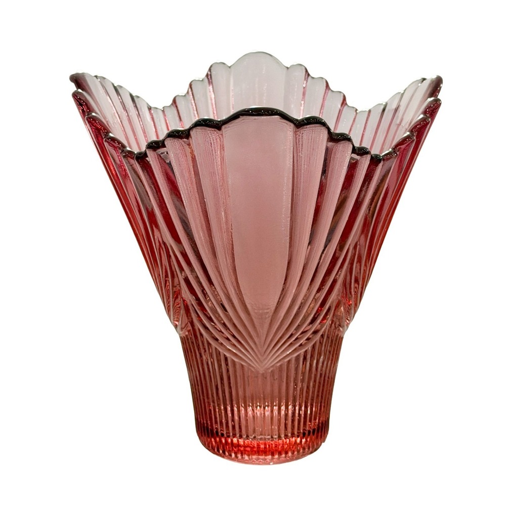 Fenton Pink Dusty Rose Art Glass Fanned Vase 1980s Pressed Glass 7.25"